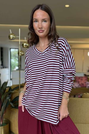 Made in Italy Perfect Breton V Long Sleeve Top Burgundy - **